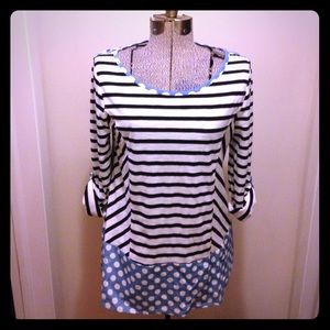 Cristina Top, size large, stripes and polka dots